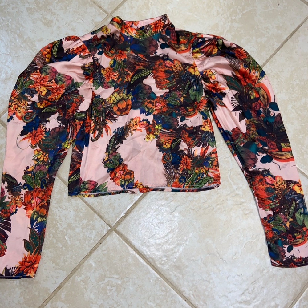 Floral smock-detail satin blouse